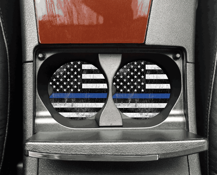 THIN BLUE LINE DISTRESSED AMERICAN FLAG CAR COASTERS SET