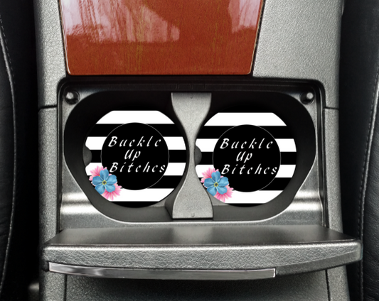 BUCKLE UP BITCHES BLACK STRIPES CAR COASTERS SET