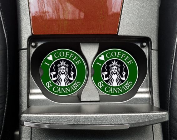 I LOVE COFFEE & CANNABIS CAR COASTERS SET