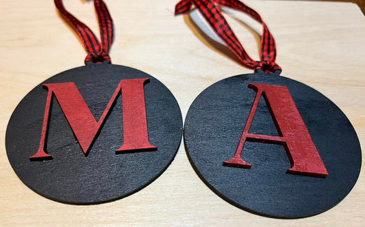 ROUND CUSTOM INITIAL RED & BLACK GINGHAM ORNAMENT