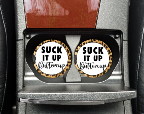 SUCK IT UP BUTTERCUP CAR COASTERS SET