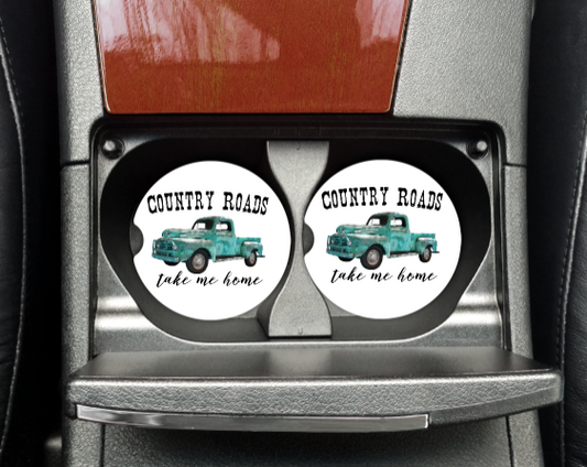 COUNTRY ROADS BLUE TRUCK CAR COASTERS SET