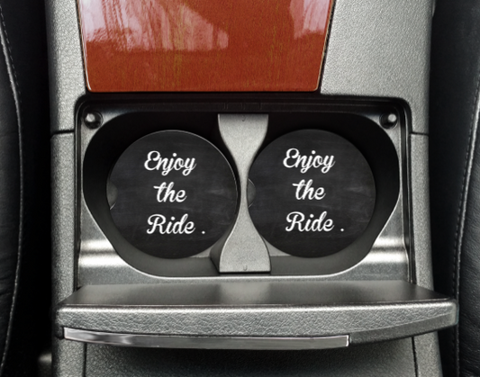 ENJOY THE RIDE BLACK CHALK BACKGROUND CAR COASTERS SET