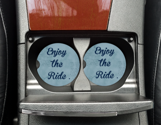 ENJOY THE RIDE BLUE BACKGROUND CAR COASTERS SET