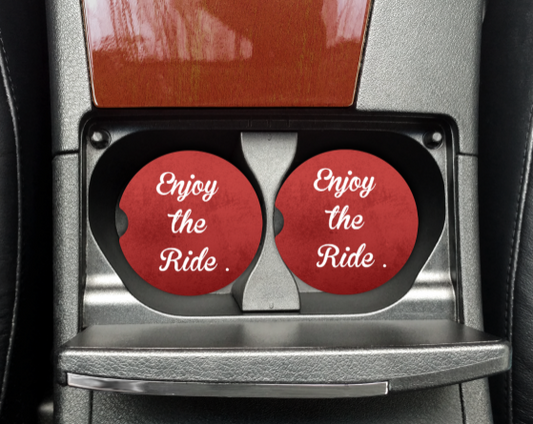 ENJOY THE RIDE RED BACKGROUND CAR COASTERS SET