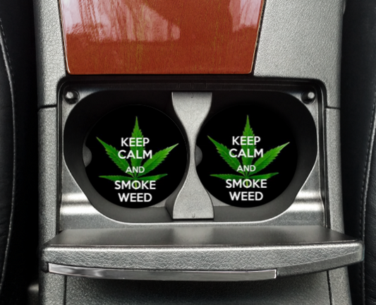 KEEP CALM & SMOKE WEED CAR COASTERS SET